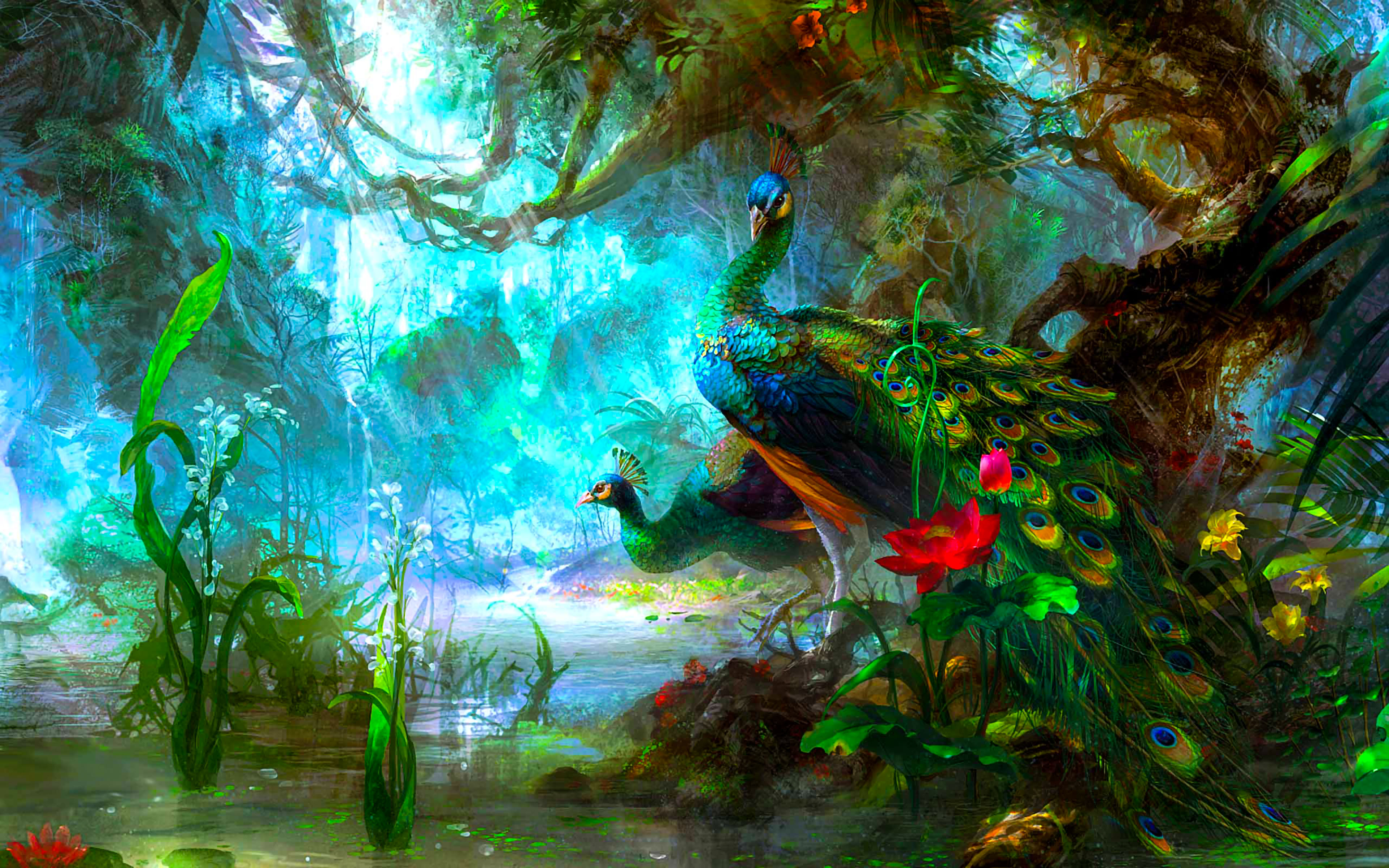 Wallpaper Blue Green and Red Peacock Painting, Background - Download