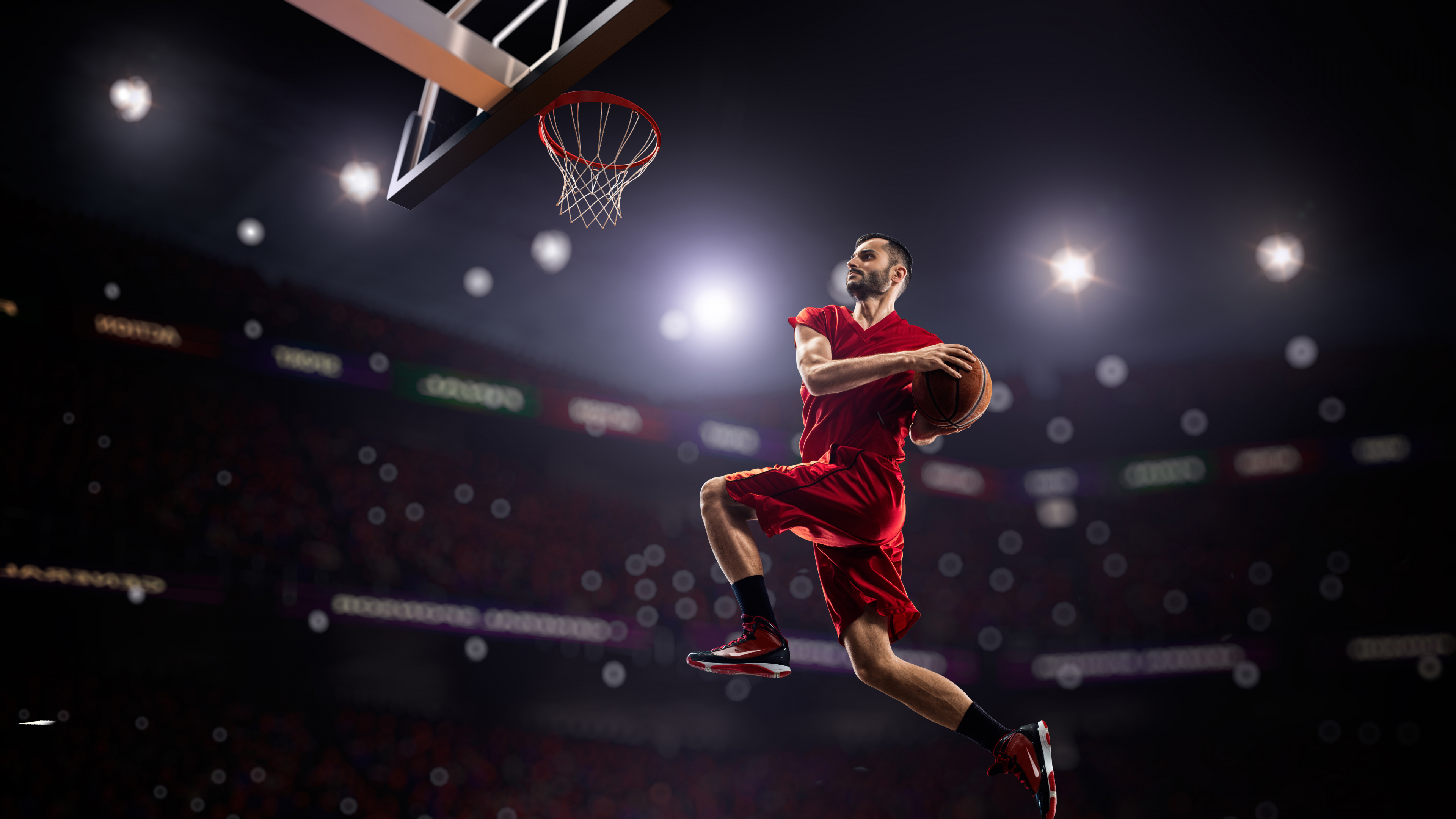 Man in Red Jersey Shirt and Shorts Jumping on Basketball Court. Wallpaper in 3840x2160 Resolution