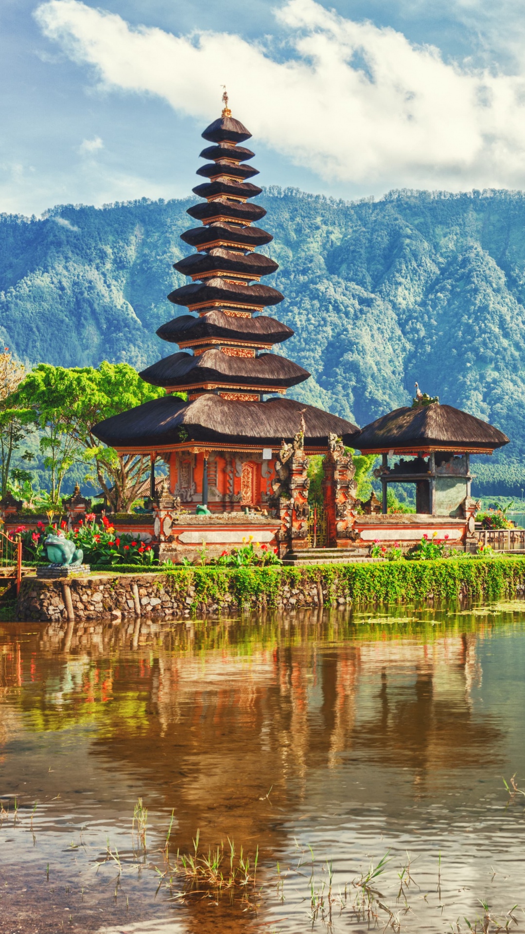 Brown and Green Temple Near Body of Water and Green Mountain During Daytime. Wallpaper in 1080x1920 Resolution