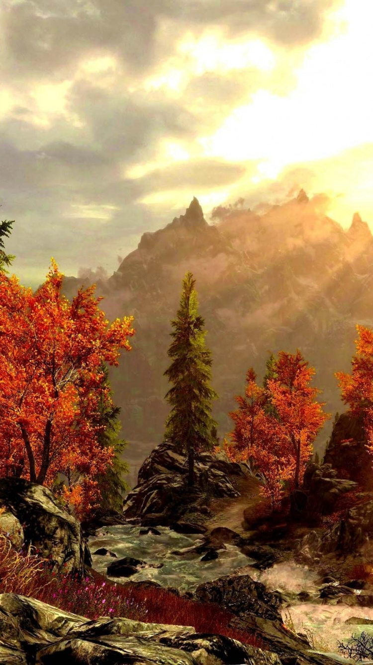 Arbres Rouges et Verts Près du Plan D'eau Pendant la Journée. Wallpaper in 750x1334 Resolution