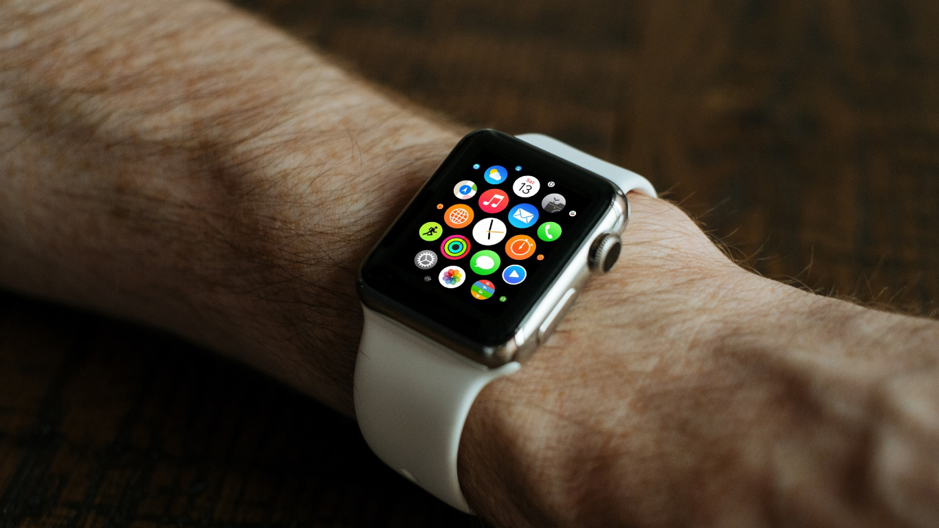 Silver Aluminum Case Apple Watch With White Sport Band. Wallpaper in 1366x768 Resolution