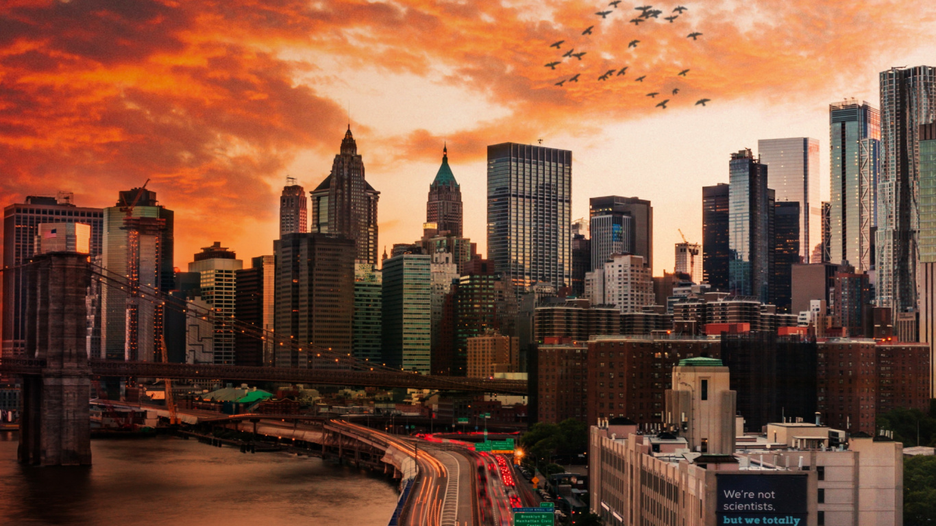Lower Manhattan, Top of The Rock, Manhattan Bridge, Empire State Building, Cloud. Wallpaper in 1366x768 Resolution