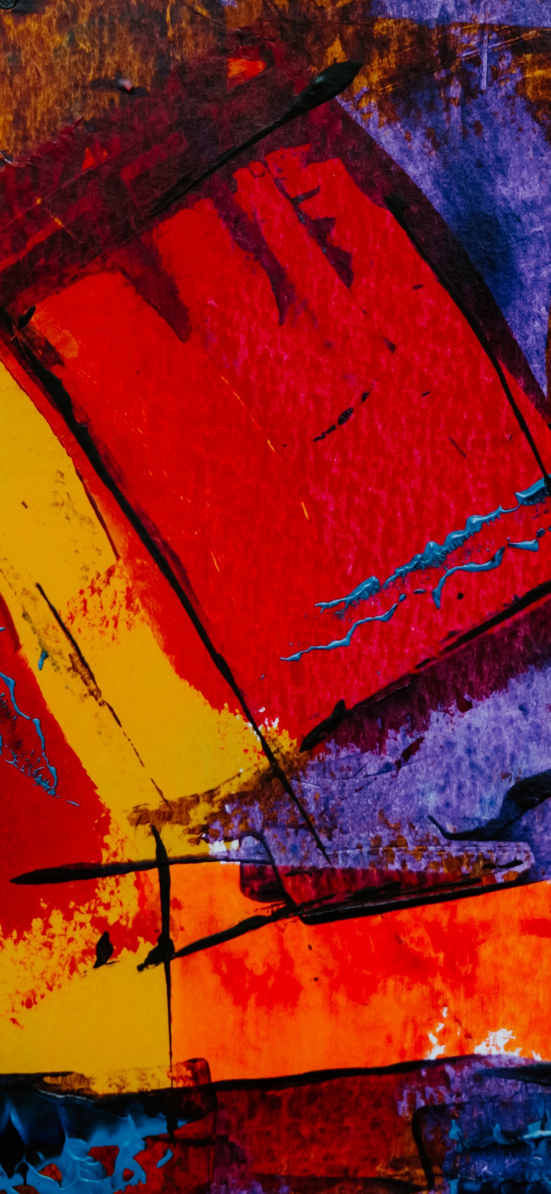 Peinture Abstraite Rouge Jaune et Bleu. Wallpaper in 1125x2436 Resolution