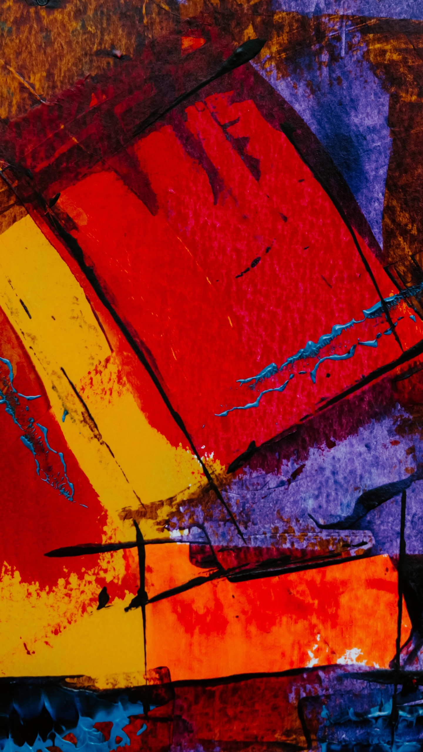 Peinture Abstraite Rouge Jaune et Bleu. Wallpaper in 1440x2560 Resolution