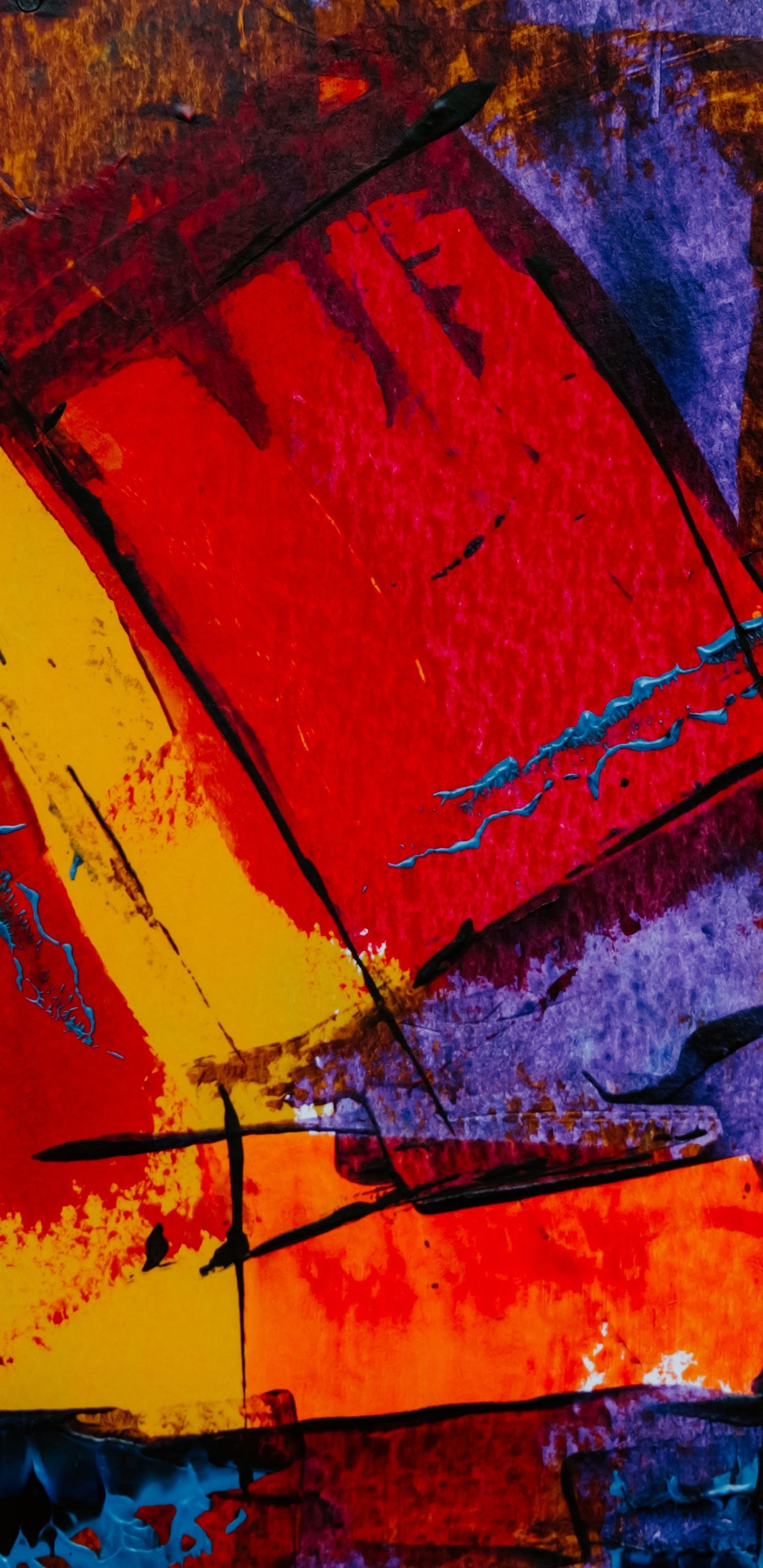 Peinture Abstraite Rouge Jaune et Bleu. Wallpaper in 1440x2960 Resolution