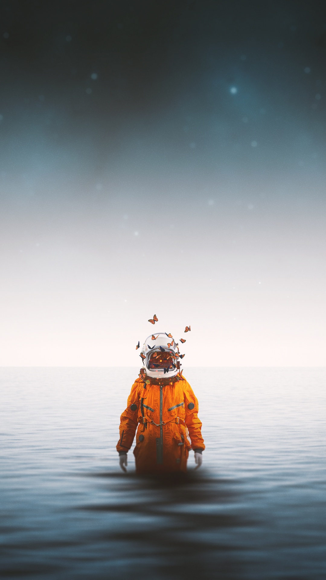 Person in Orange Jacket Standing on Water Under Starry Night. Wallpaper in 1080x1920 Resolution