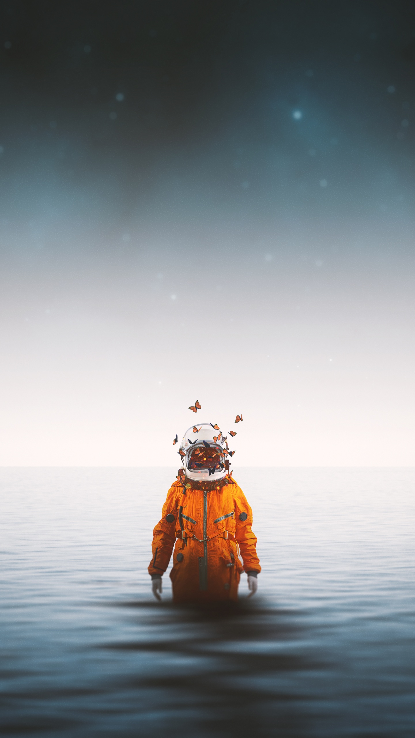 Person in Orange Jacket Standing on Water Under Starry Night. Wallpaper in 1440x2560 Resolution