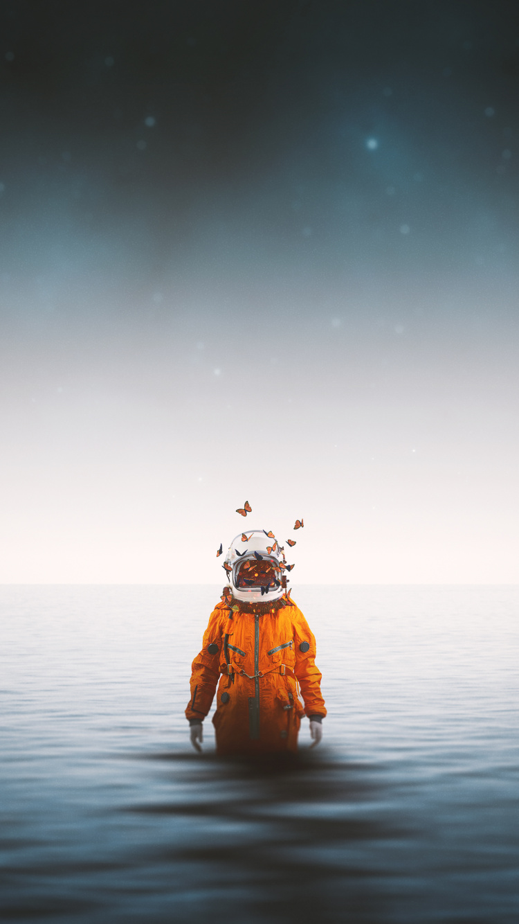 Person in Orange Jacket Standing on Water Under Starry Night. Wallpaper in 750x1334 Resolution