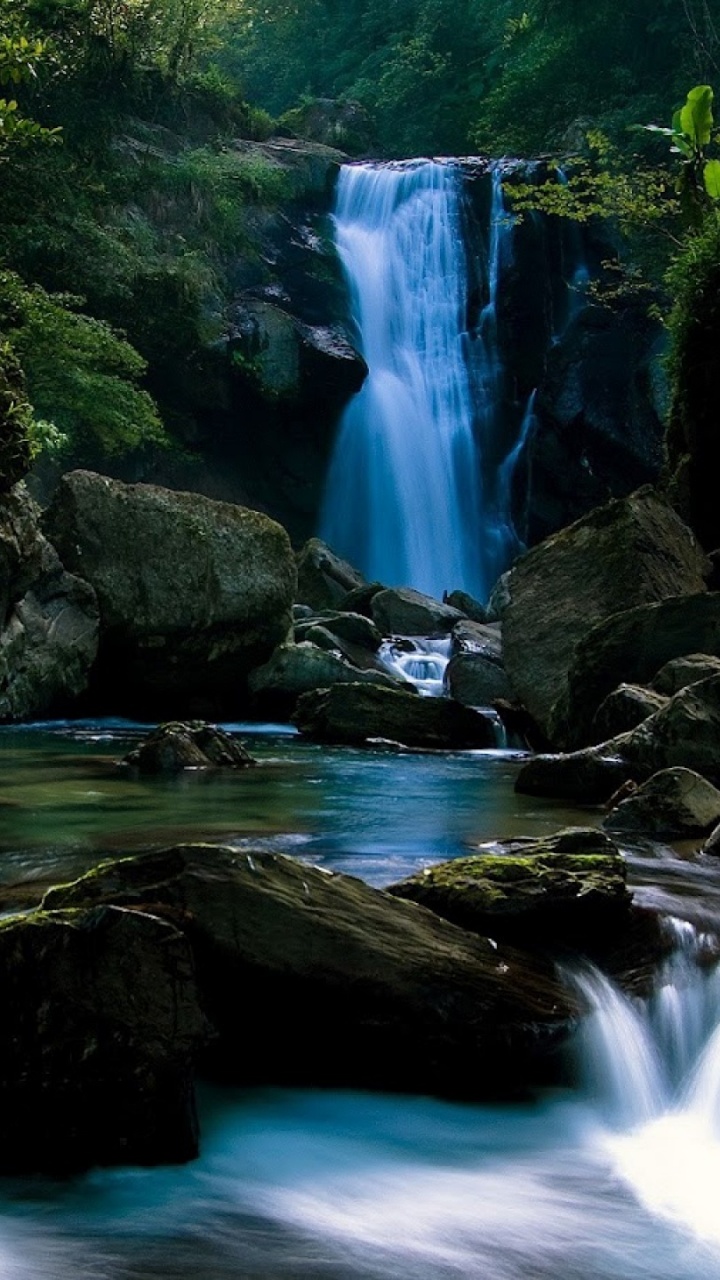 Water Falls in The Middle of Green Moss Covered Rocks. Wallpaper in 720x1280 Resolution