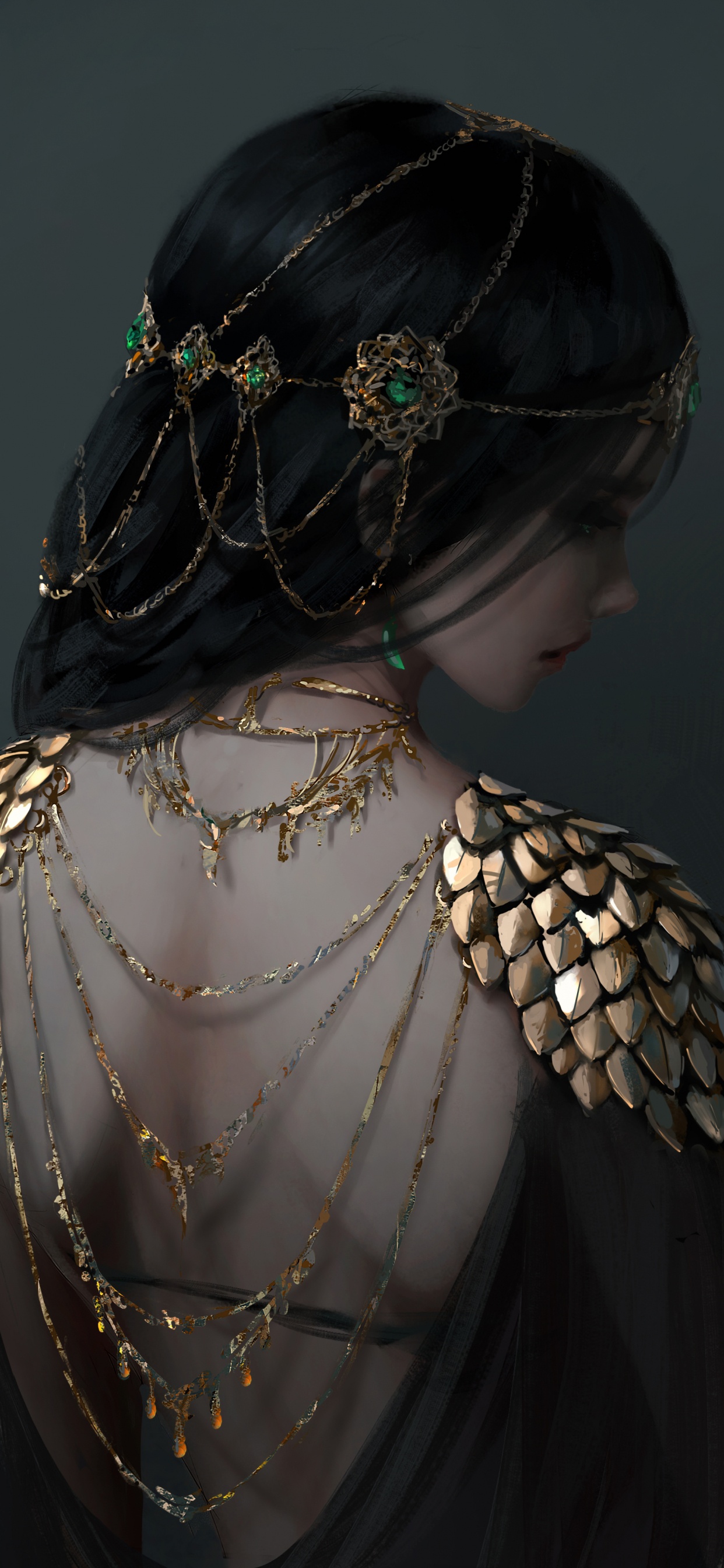 Woman in Black and Gold Dress. Wallpaper in 1242x2688 Resolution