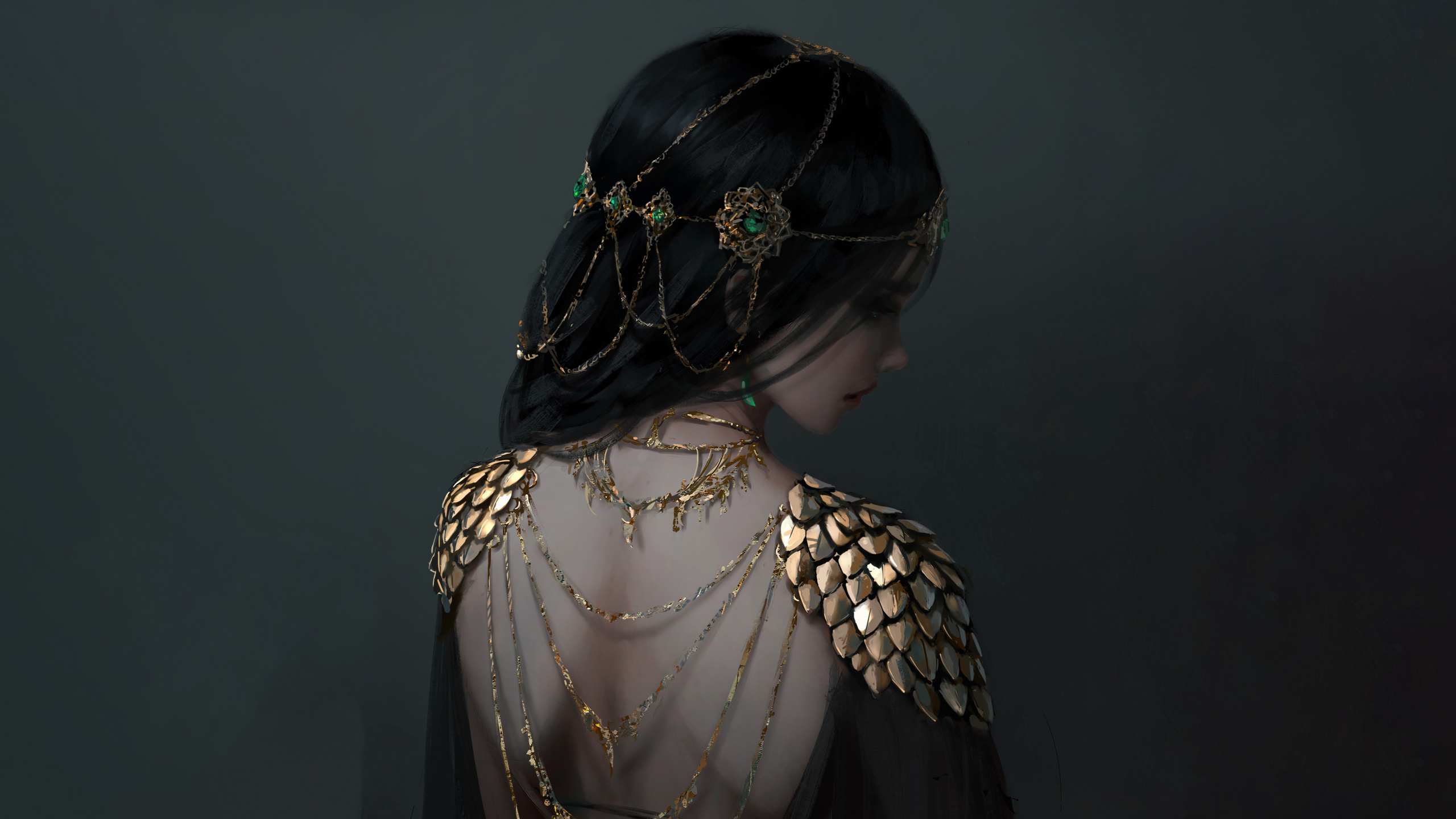 Mujer en Vestido Negro y Dorado. Wallpaper in 2560x1440 Resolution