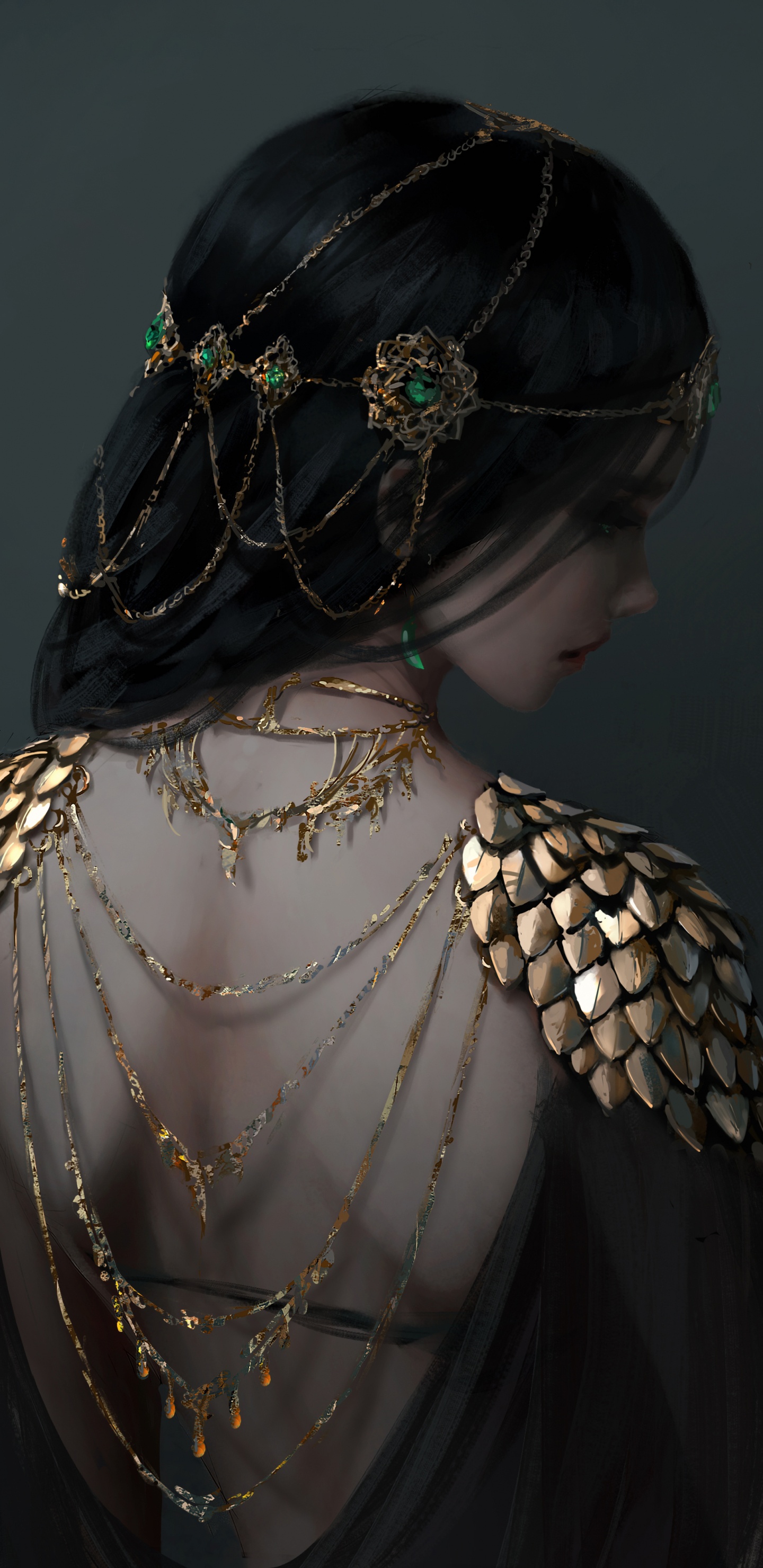 Frau im Schwarz-goldenen Kleid. Wallpaper in 1440x2960 Resolution