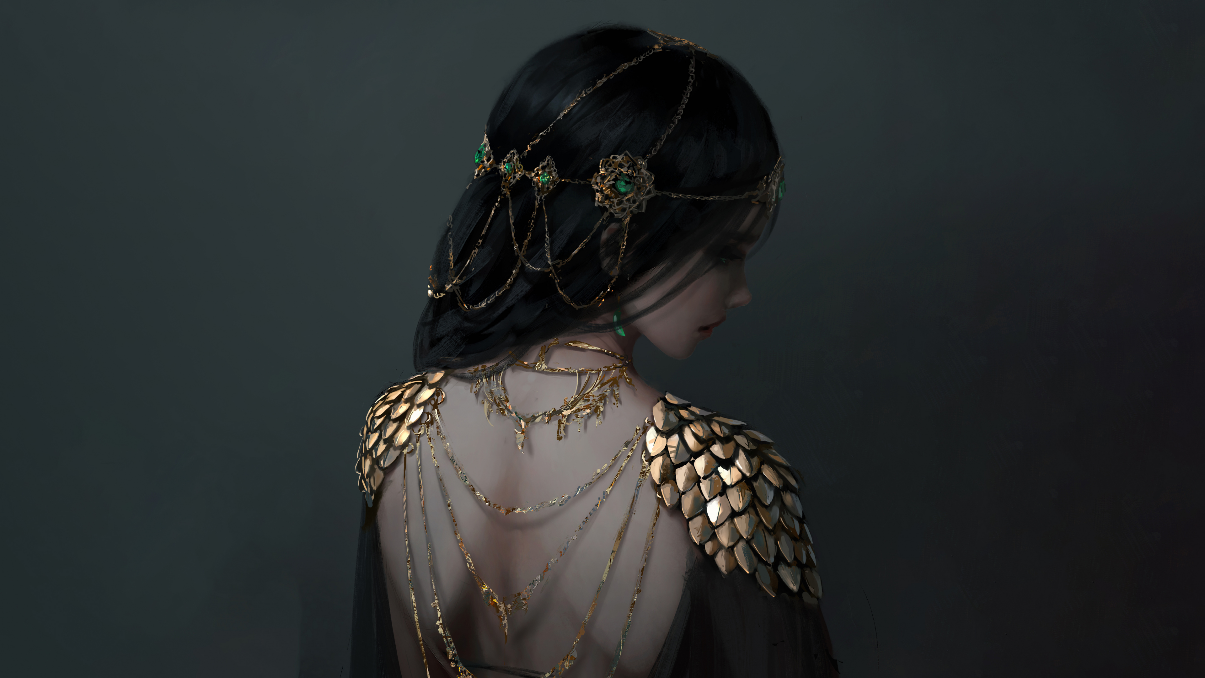 Frau im Schwarz-goldenen Kleid. Wallpaper in 3840x2160 Resolution