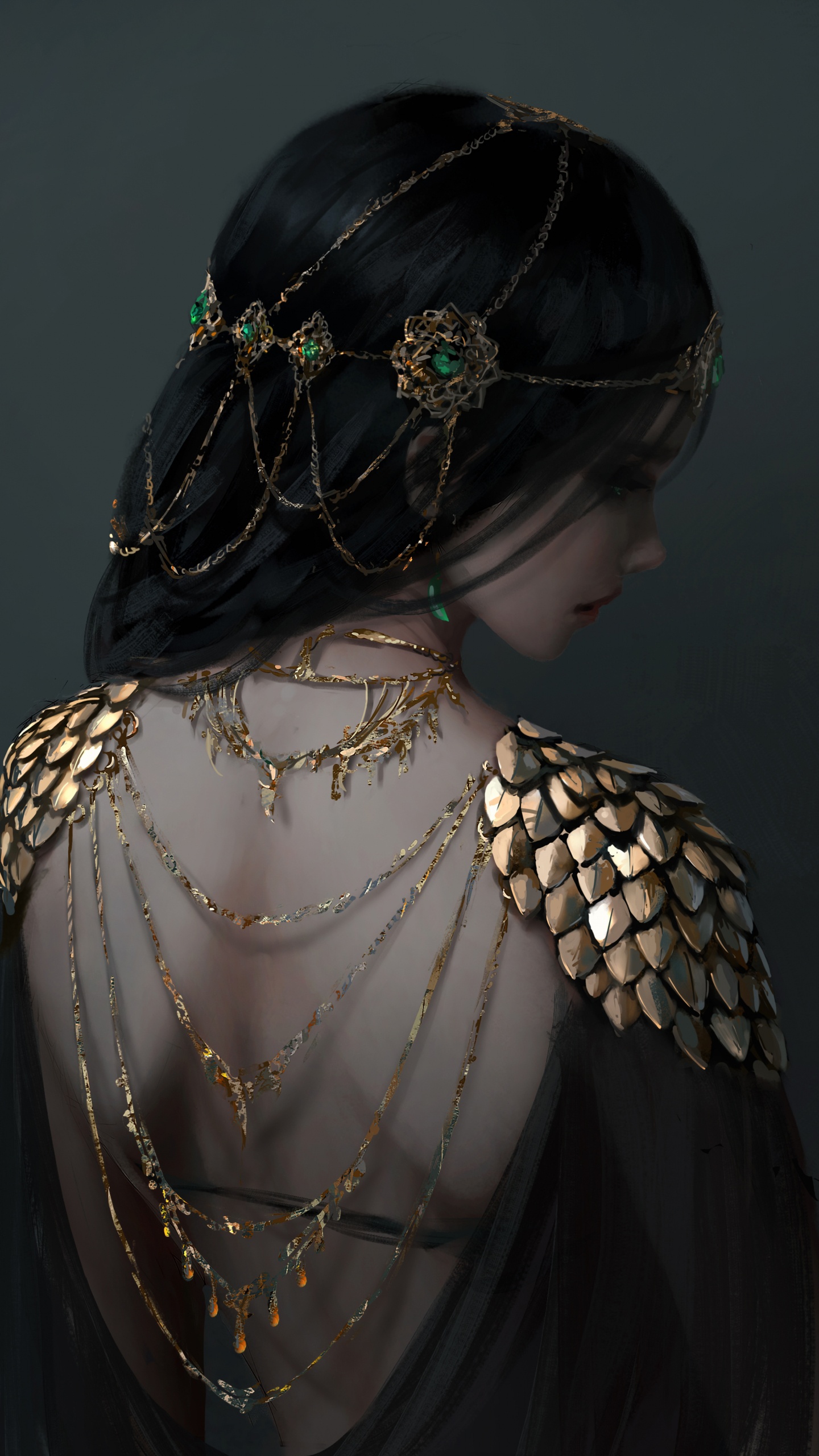 Femme en Robe Noire et Or. Wallpaper in 1440x2560 Resolution