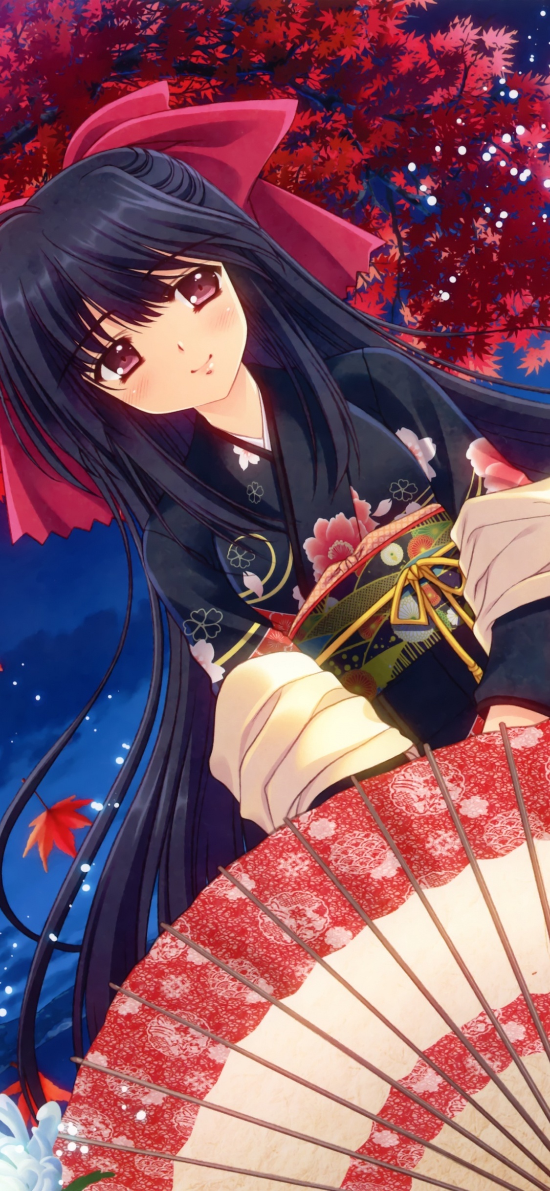 Black Haired Woman in Black and White Kimono Holding Umbrella Anime Character. Wallpaper in 1125x2436 Resolution