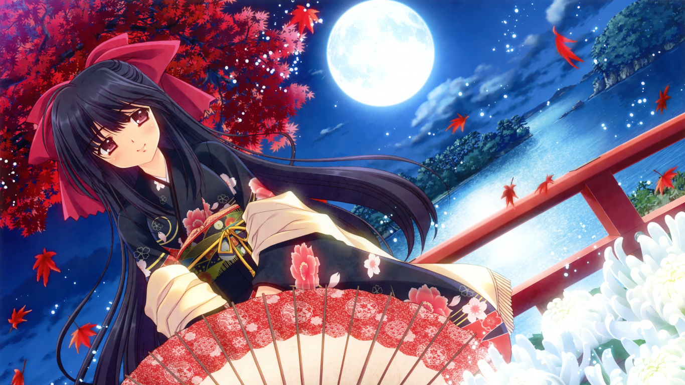 伞, 时尚的附件, 天空, 女孩, 月亮 壁纸 1366x768 允许