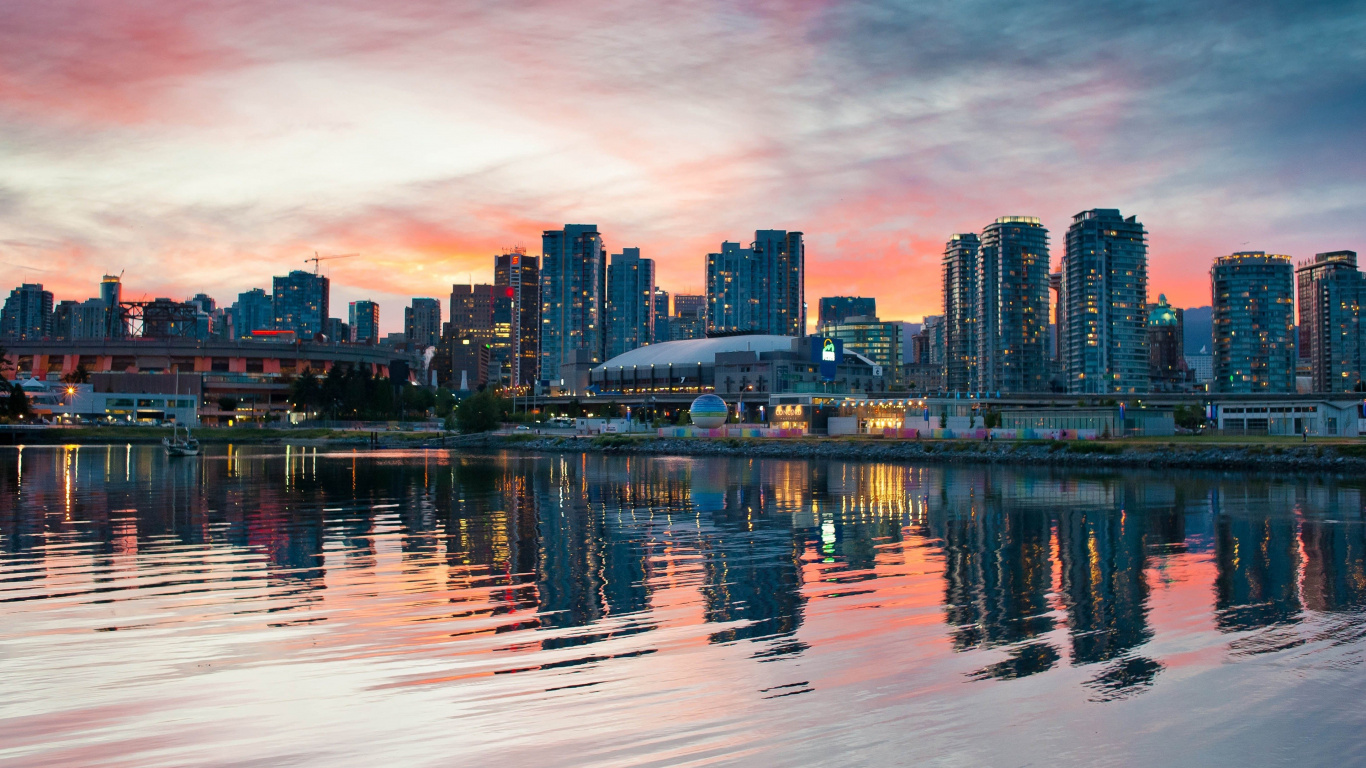 City Skyline Across Body of Water During Sunset. Wallpaper in 1366x768 Resolution