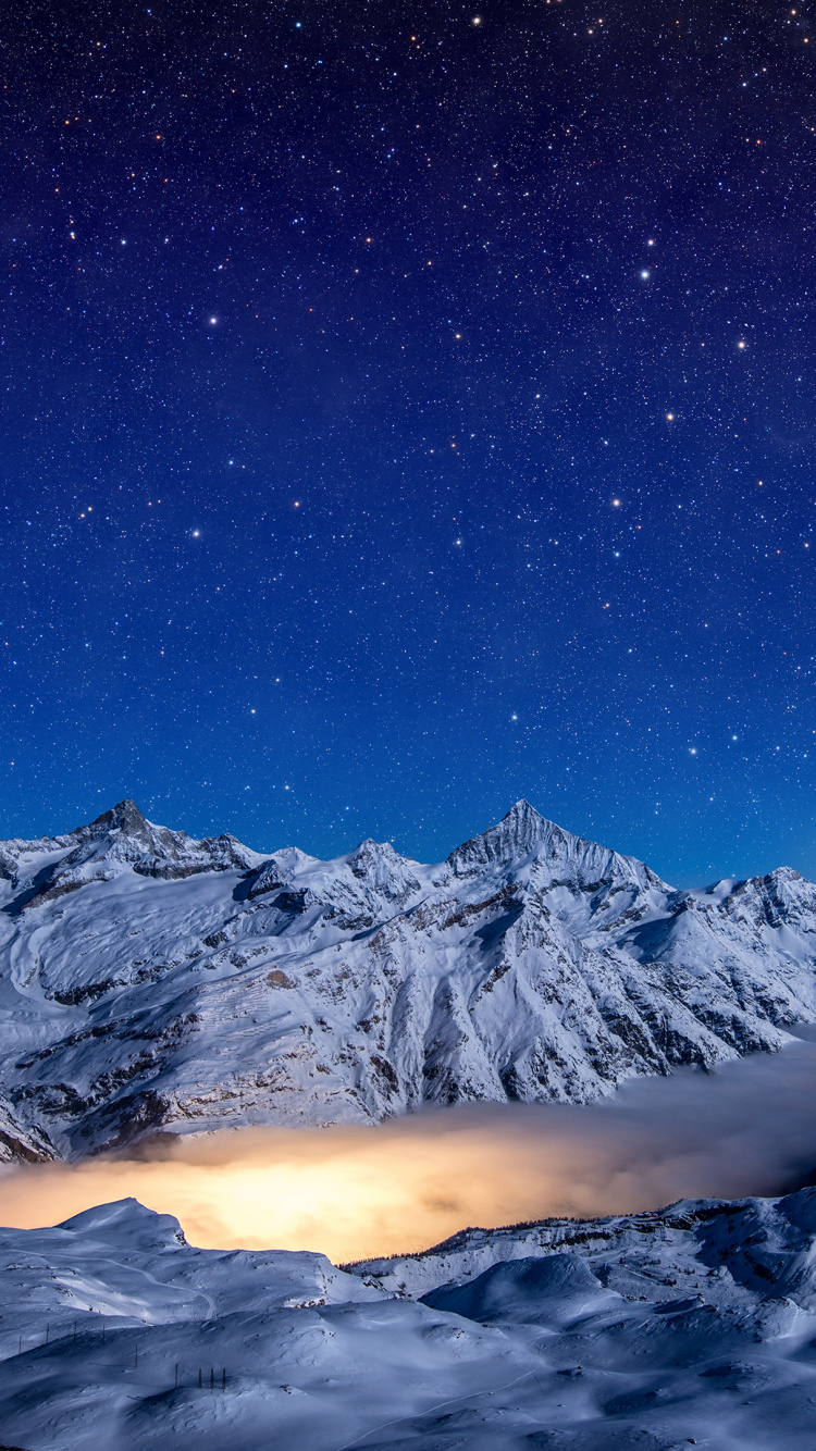 Bergigen Landschaftsformen, Natur, Bergkette, Winter, Nacht. Wallpaper in 750x1334 Resolution