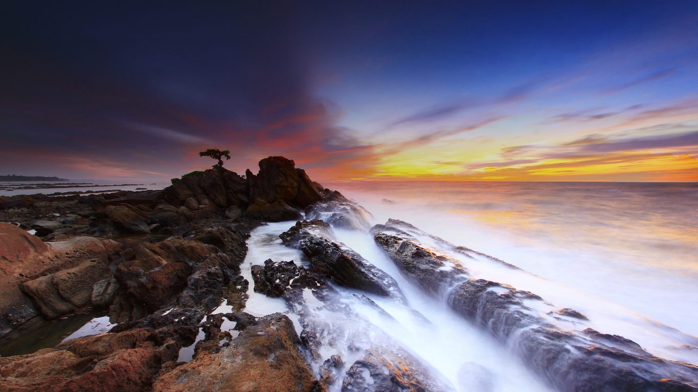 Larga Exposición de un Paisaje, Agua, Ambiente, Paisaje Natural, Afterglow. Wallpaper in 1366x768 Resolution