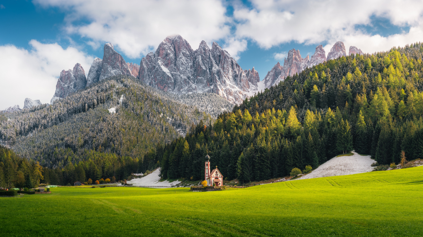 Dolomites, Church of st John, Mountain, Cloud, Plant. Wallpaper in 1366x768 Resolution