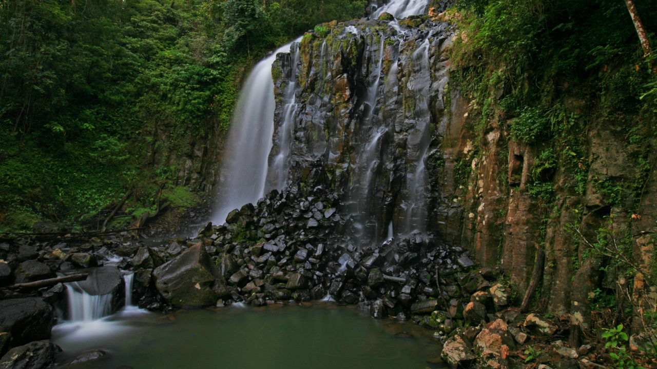 L'eau Tombe Entre Les Arbres Verts Pendant la Journée. Wallpaper in 1280x720 Resolution
