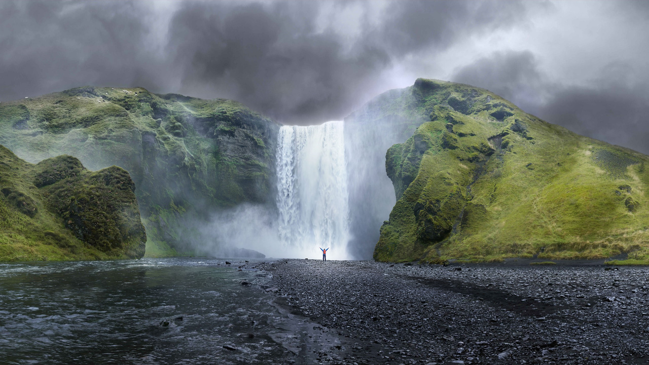 People Walking on Rocky Road Near Waterfalls During Daytime. Wallpaper in 1280x720 Resolution