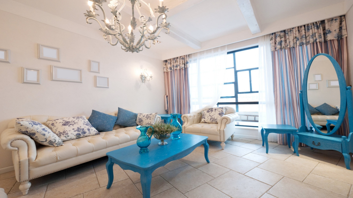 Blue Wooden Coffee Table Near White Sofa. Wallpaper in 1366x768 Resolution