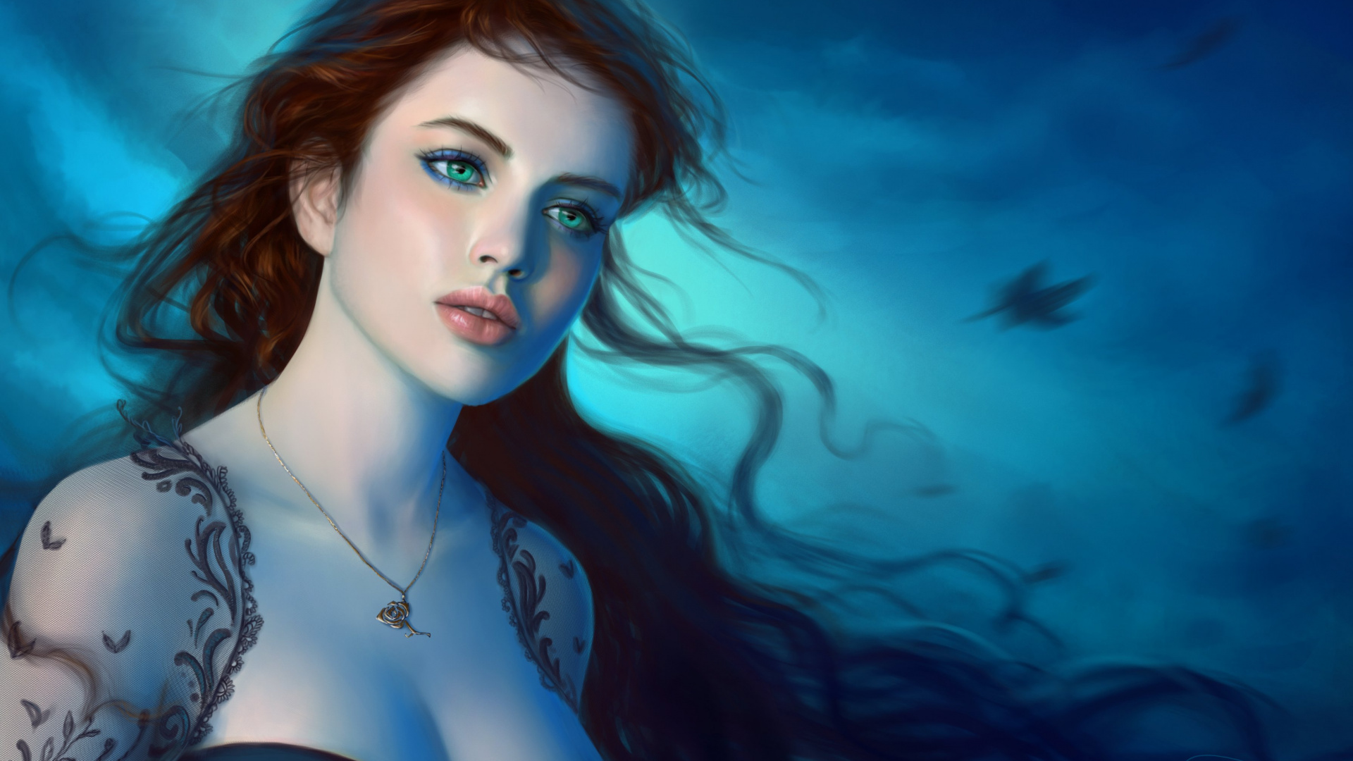 Frau im Schwarzen Büstenhalter Mit Blauen Augen. Wallpaper in 1920x1080 Resolution