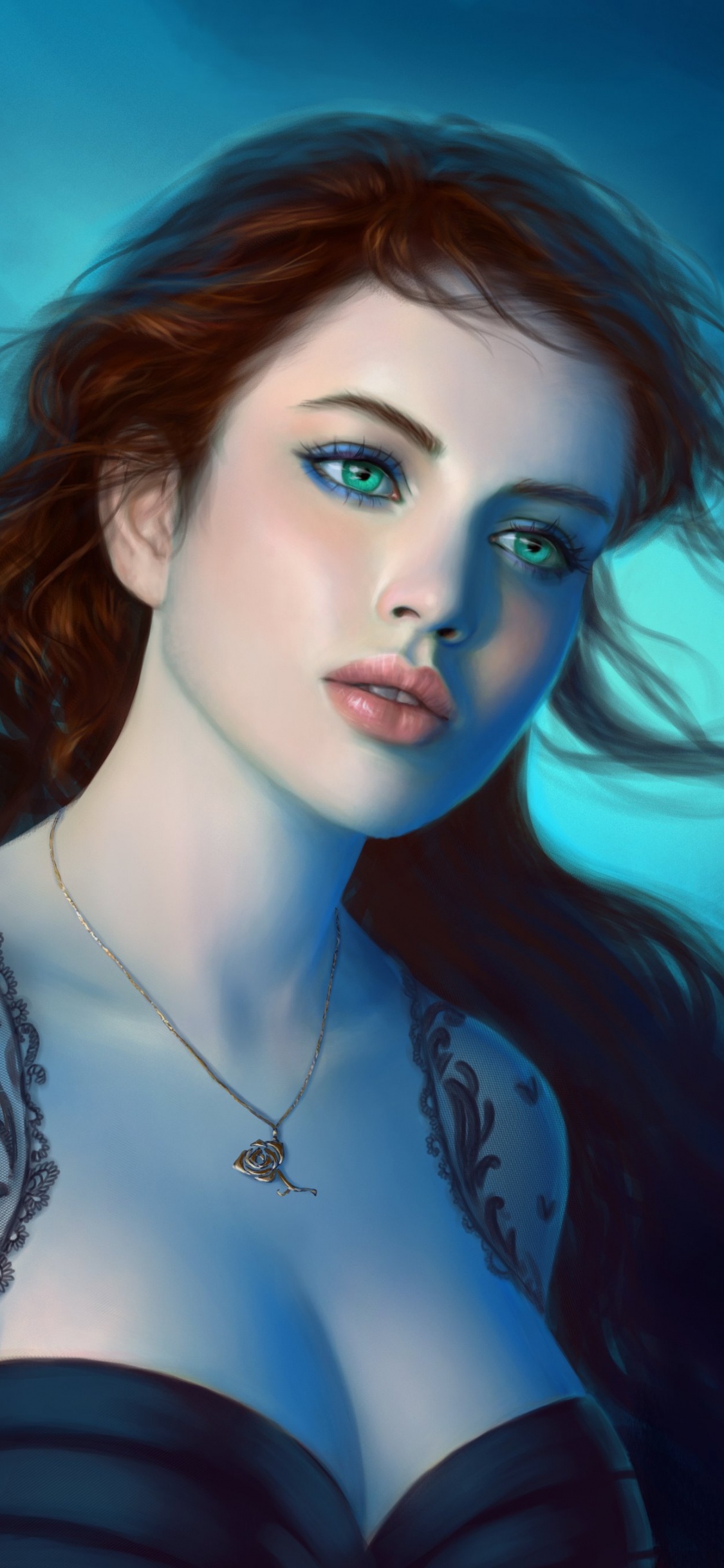 Mujer en Sujetador Negro Con Ojos Azules. Wallpaper in 1125x2436 Resolution