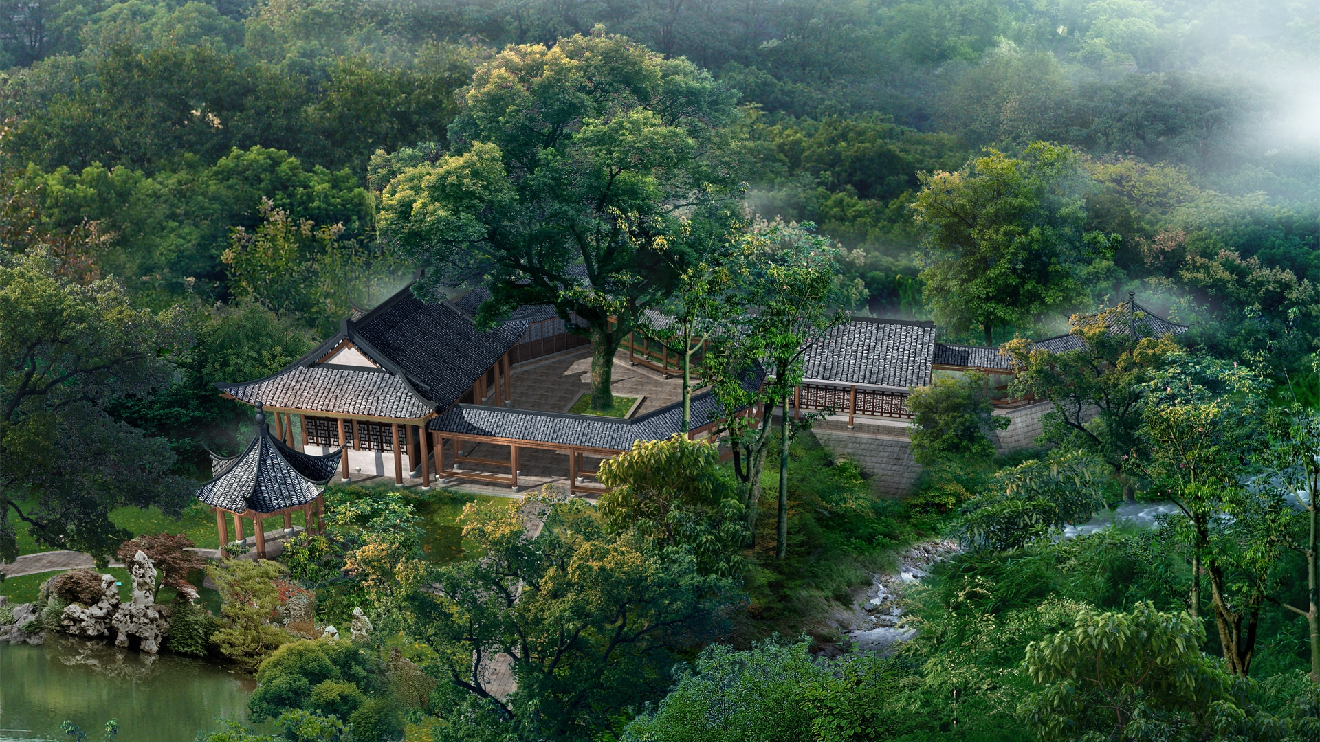 Braun-weißes Haus, Tagsüber Von Grünen Bäumen Umgeben Surrounded. Wallpaper in 1920x1080 Resolution