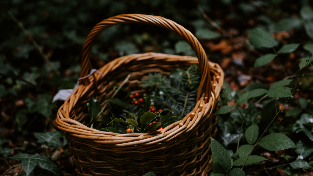 Brown Woven Basket on Green Leaves. Wallpaper in 1280x720 Resolution