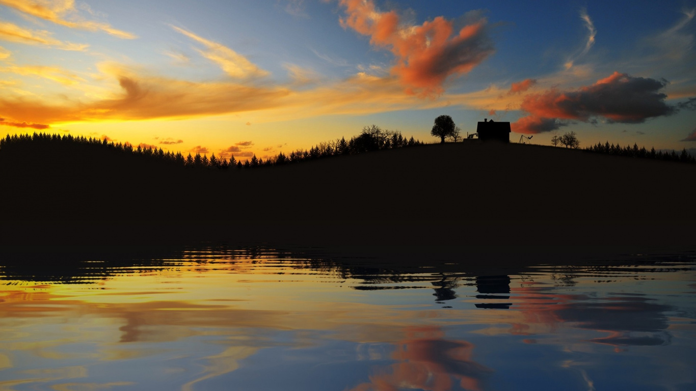 Silhouette of Trees Beside Body of Water During Sunset. Wallpaper in 1366x768 Resolution