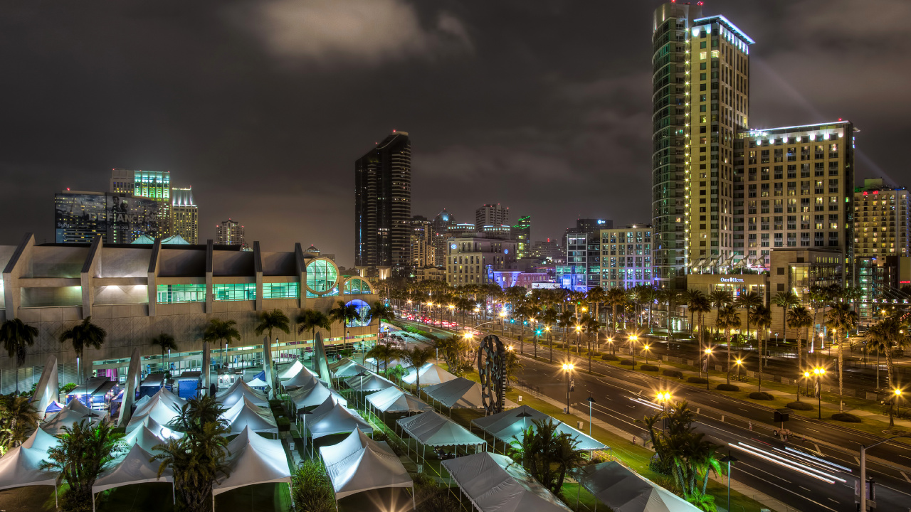 City With High Rise Buildings During Night Time. Wallpaper in 1280x720 Resolution