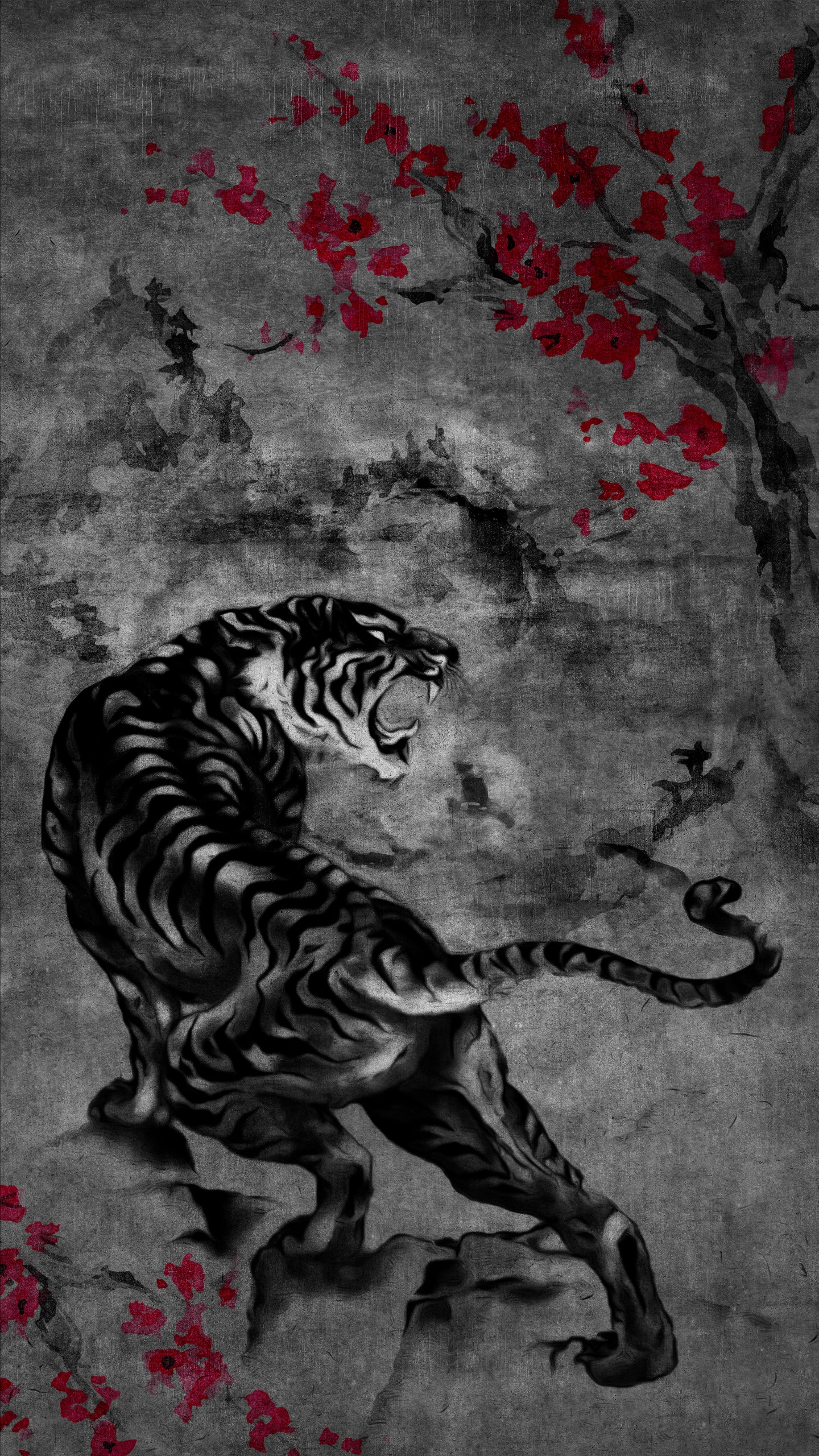 Tigre du Bengale, Lion, Japon, Art, L'art Japonais. Wallpaper in 1440x2560 Resolution