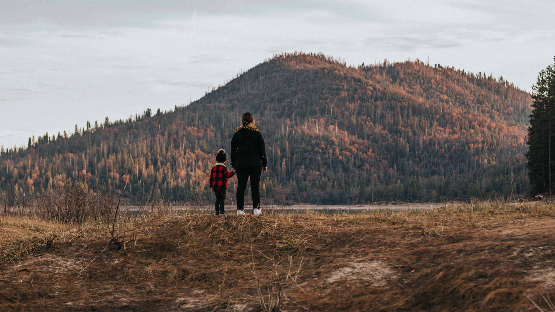 2 Person Standing on Brown Grass Field Near Lake During Daytime. Wallpaper in 1920x1080 Resolution