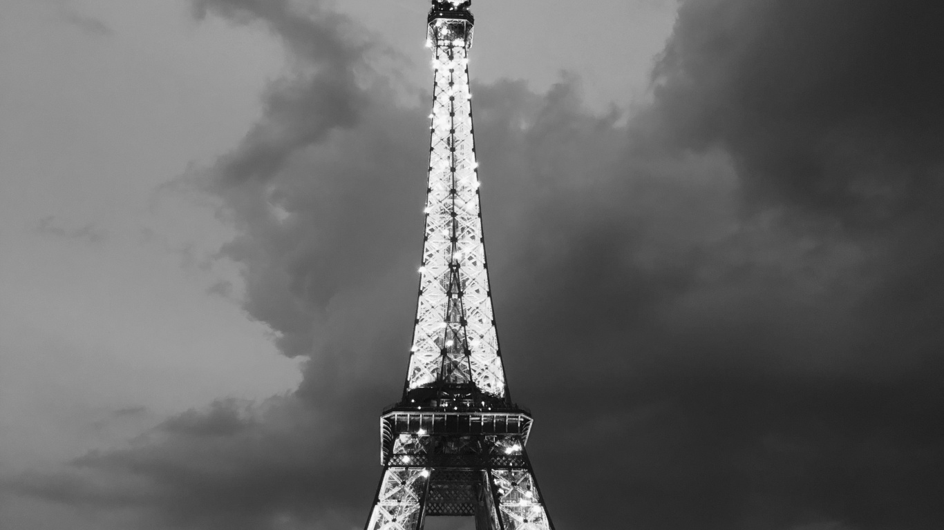 Eiffel Tower, Black and White, Tower, Cloud, Atmosphere. Wallpaper in 1366x768 Resolution