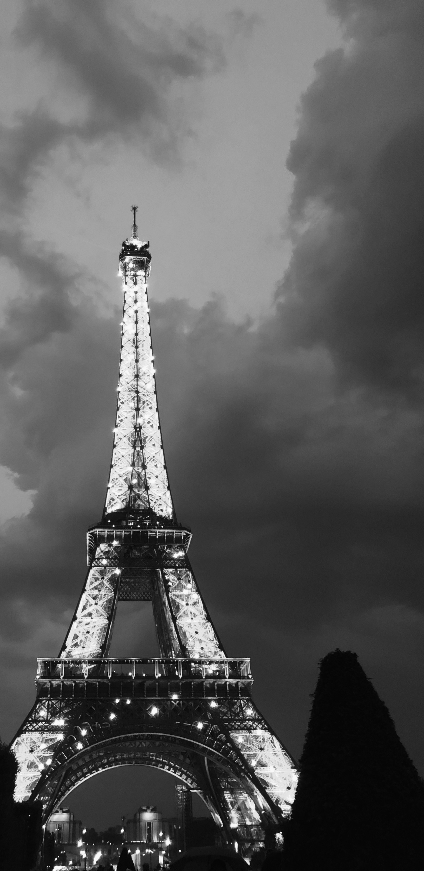 Eiffel Tower, Black and White, Tower, Cloud, Atmosphere. Wallpaper in 1440x2960 Resolution
