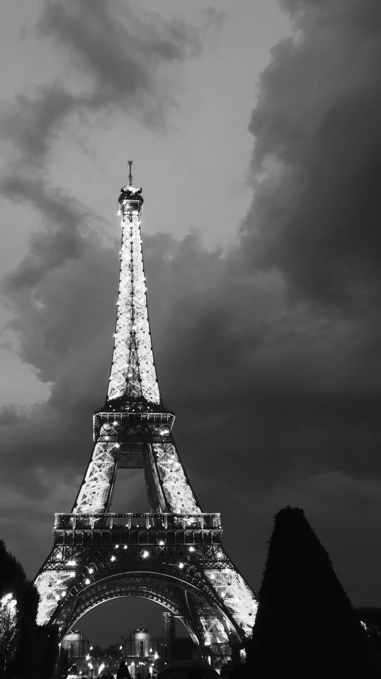 Eiffel Tower, Black and White, Tower, Cloud, Atmosphere. Wallpaper in 750x1334 Resolution