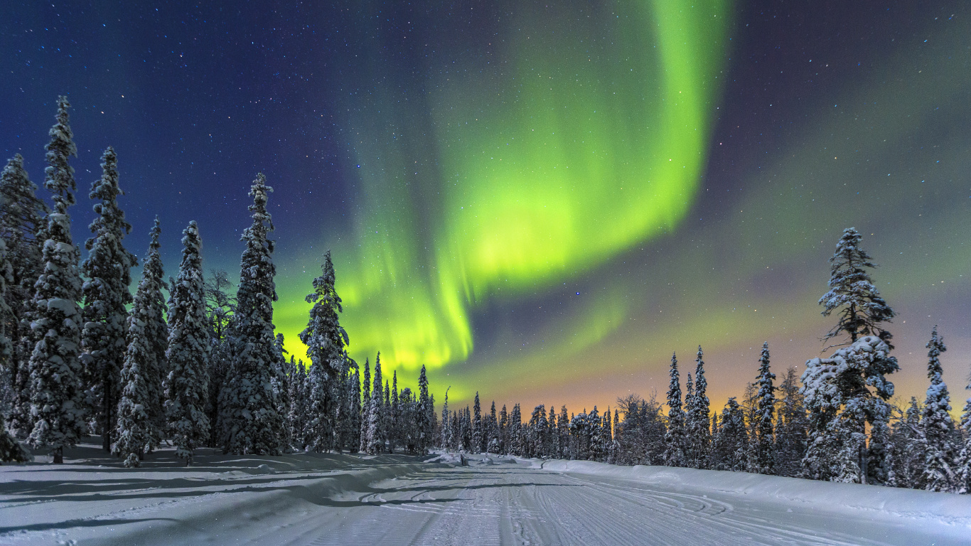 Green Aurora Lights Over Snow Covered Road During Night Time. Wallpaper in 1366x768 Resolution