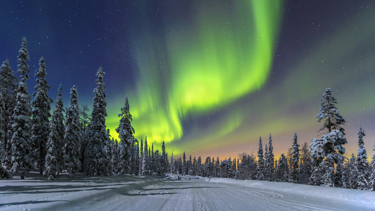 Luces de la Aurora Verde Sobre la Carretera Cubierta de Nieve Durante la Noche. Wallpaper in 1280x720 Resolution