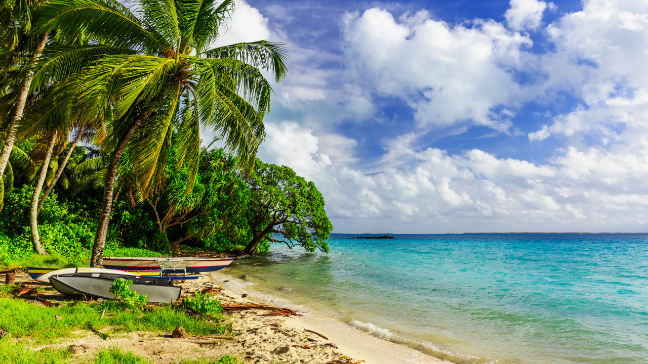 Bateau Blanc et Bleu Sur la Plage Pendant la Journée. Wallpaper in 1280x720 Resolution