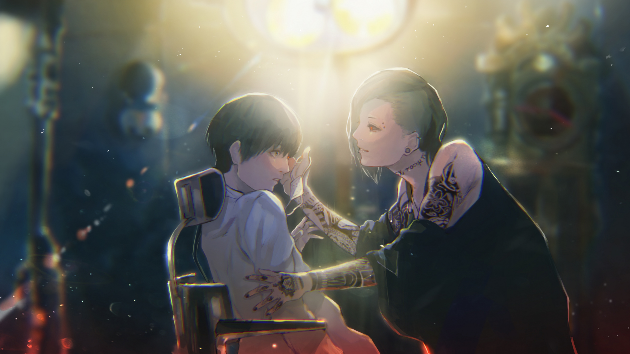 Man and Woman Sitting on Chair. Wallpaper in 2560x1440 Resolution