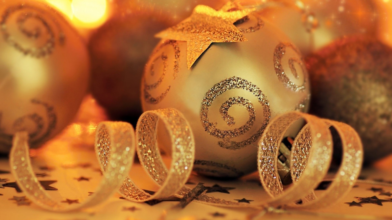 Christmas Ornament, Gold, Holiday, New Year, Christmas Day. Wallpaper in 1366x768 Resolution