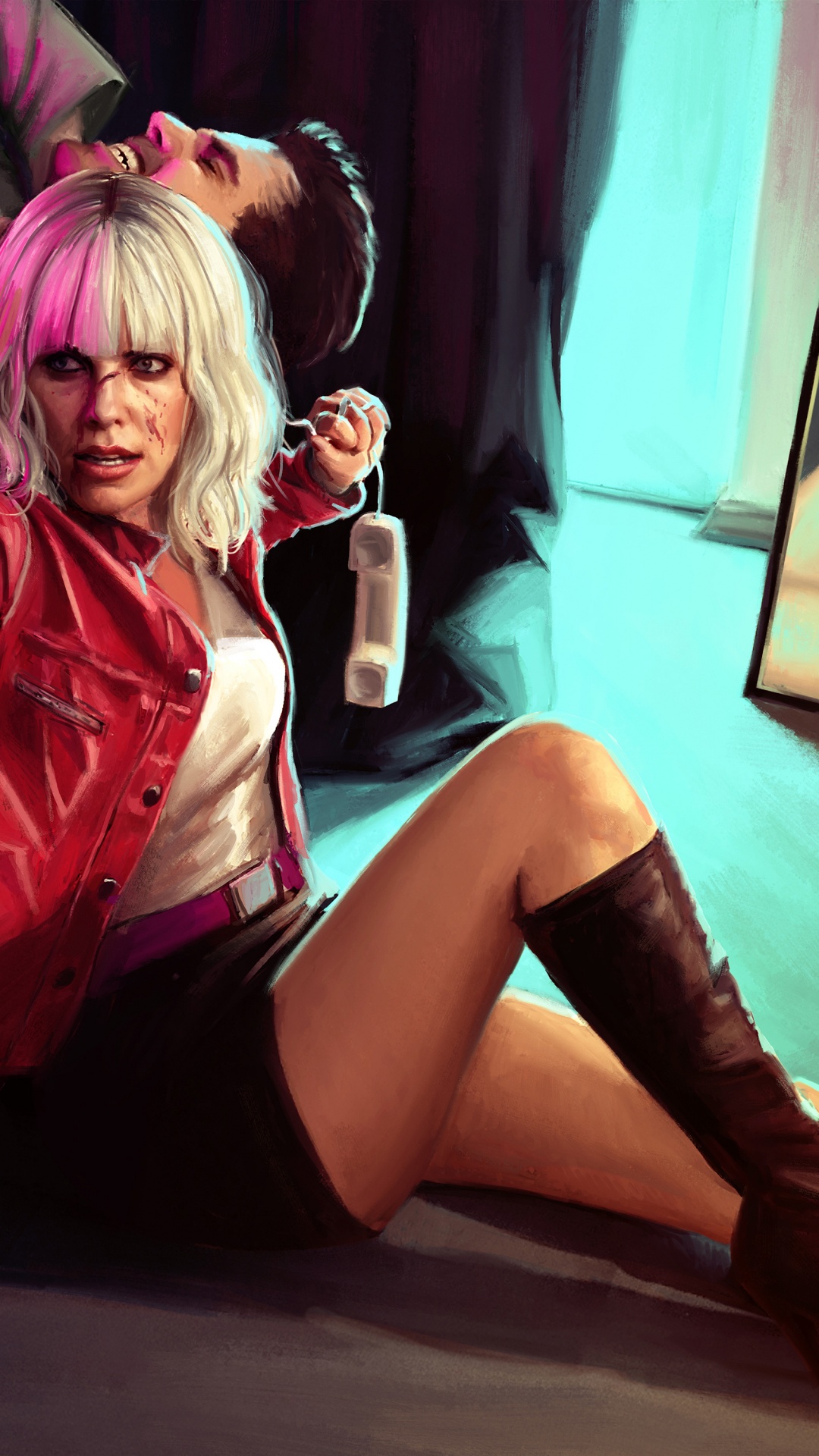 Woman in Red Leather Jacket and Black Skirt. Wallpaper in 1080x1920 Resolution