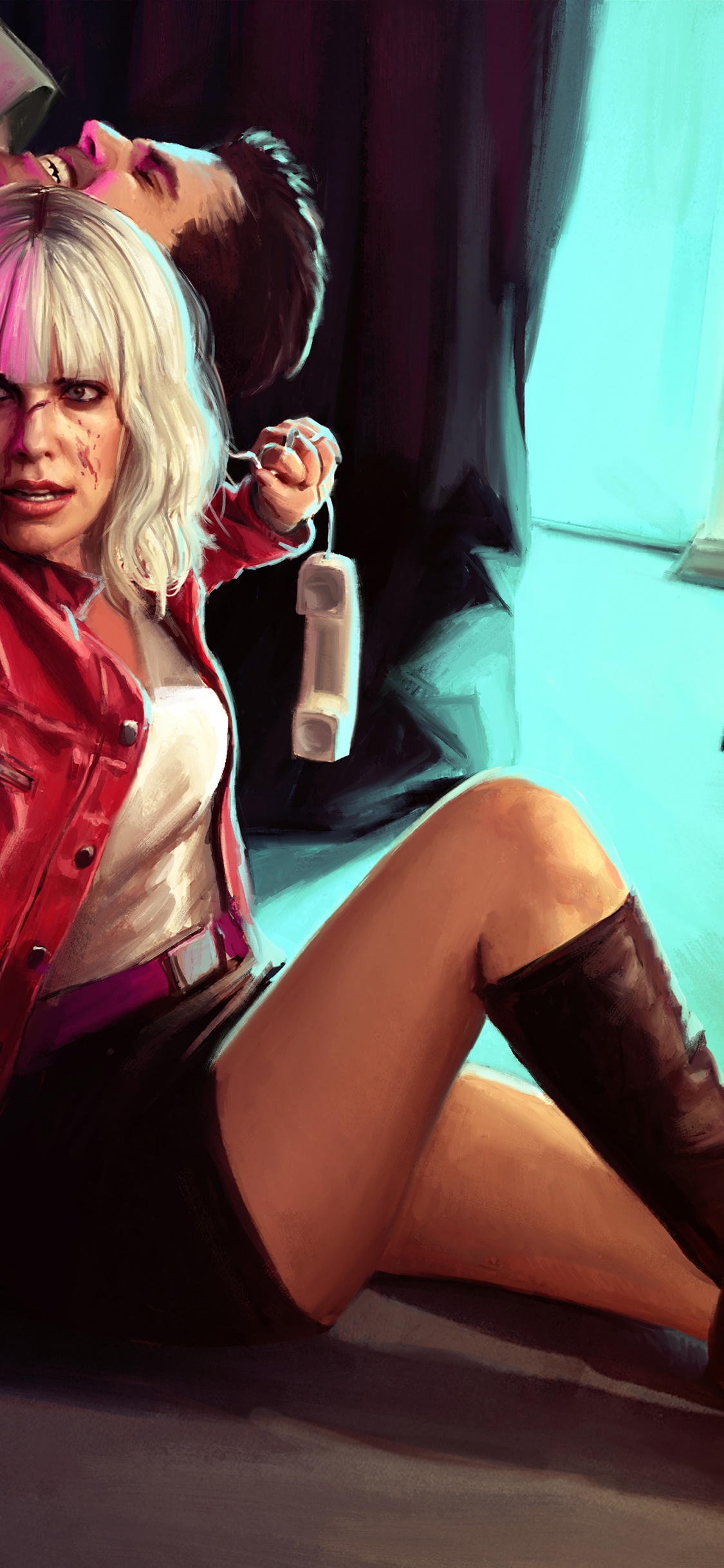 Woman in Red Leather Jacket and Black Skirt. Wallpaper in 1125x2436 Resolution