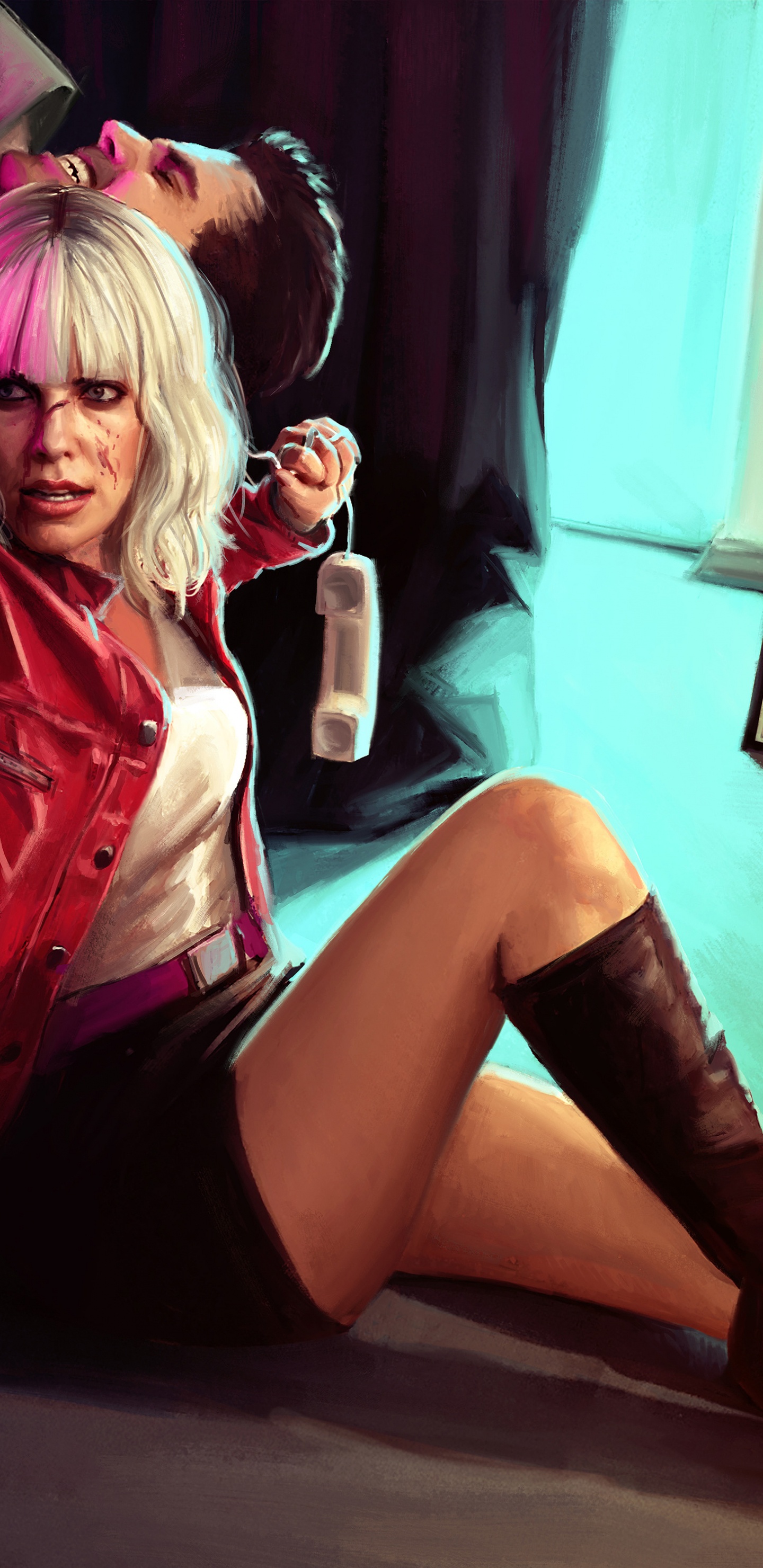 Woman in Red Leather Jacket and Black Skirt. Wallpaper in 1440x2960 Resolution