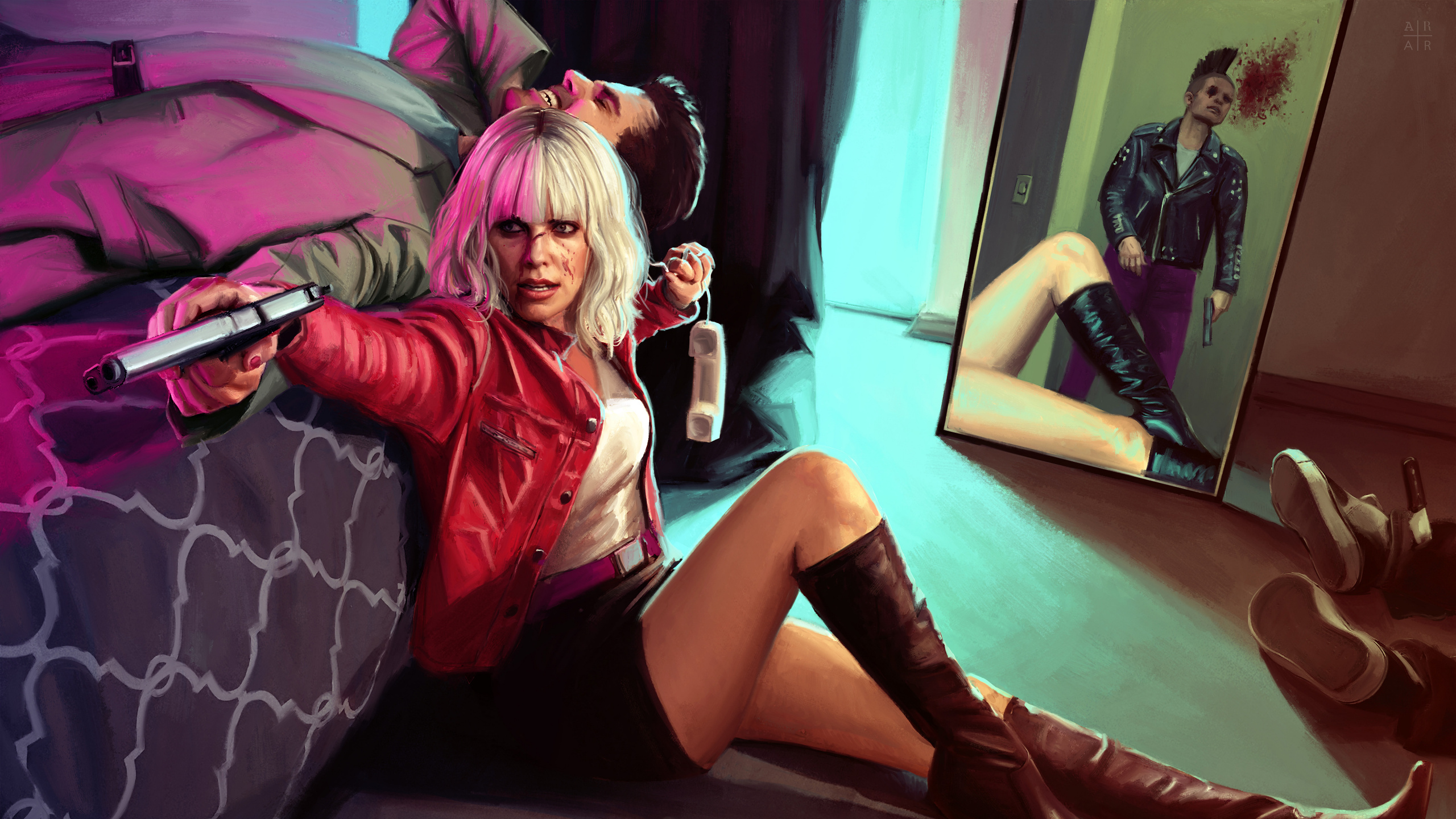 Woman in Red Leather Jacket and Black Skirt. Wallpaper in 2560x1440 Resolution