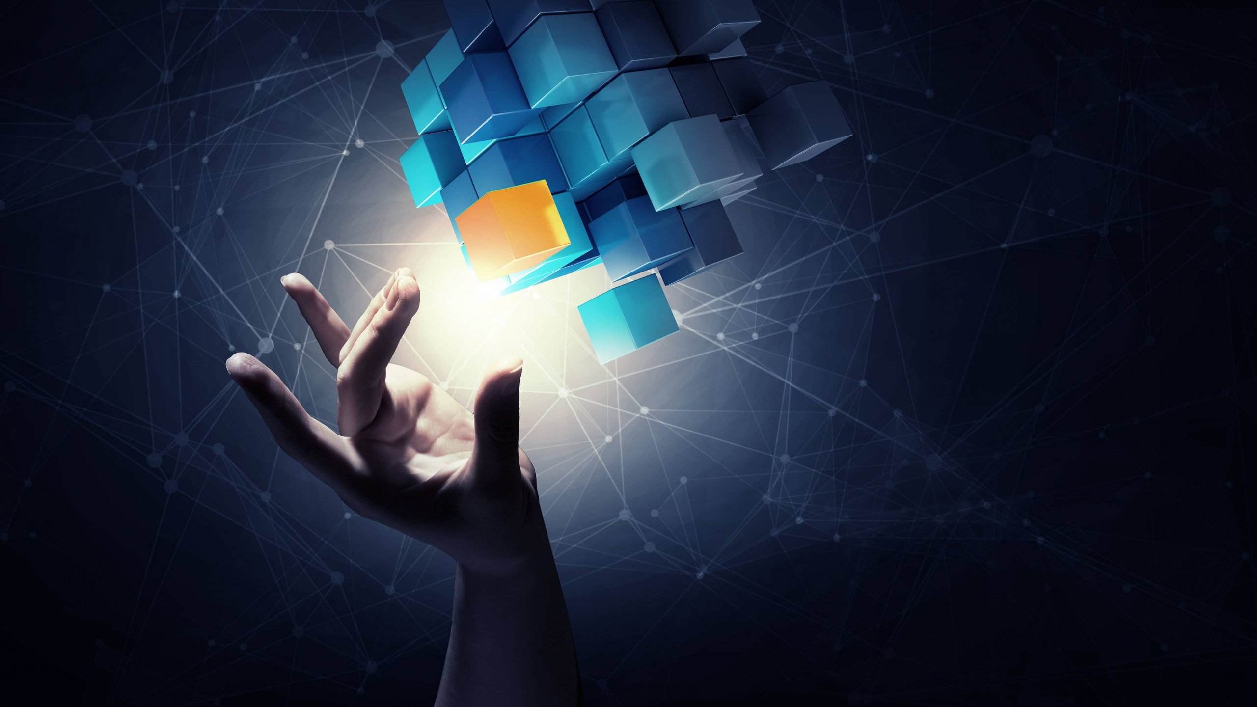 Persons Hand on White and Blue Square Shape Light. Wallpaper in 2560x1440 Resolution