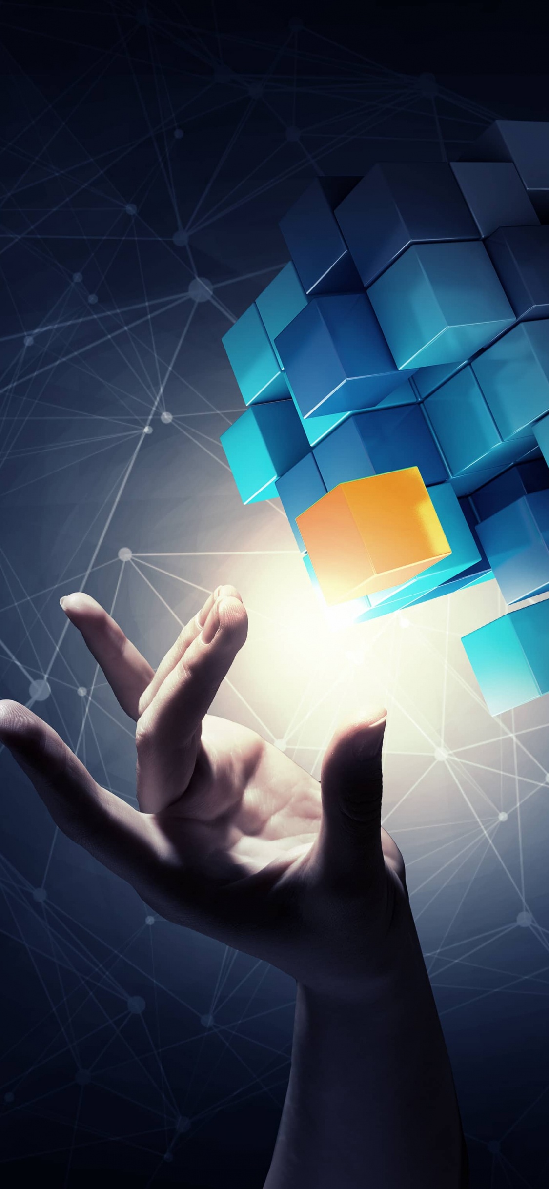 Personas Con la Mano en la Luz de Forma Cuadrada Blanca y Azul.. Wallpaper in 1125x2436 Resolution