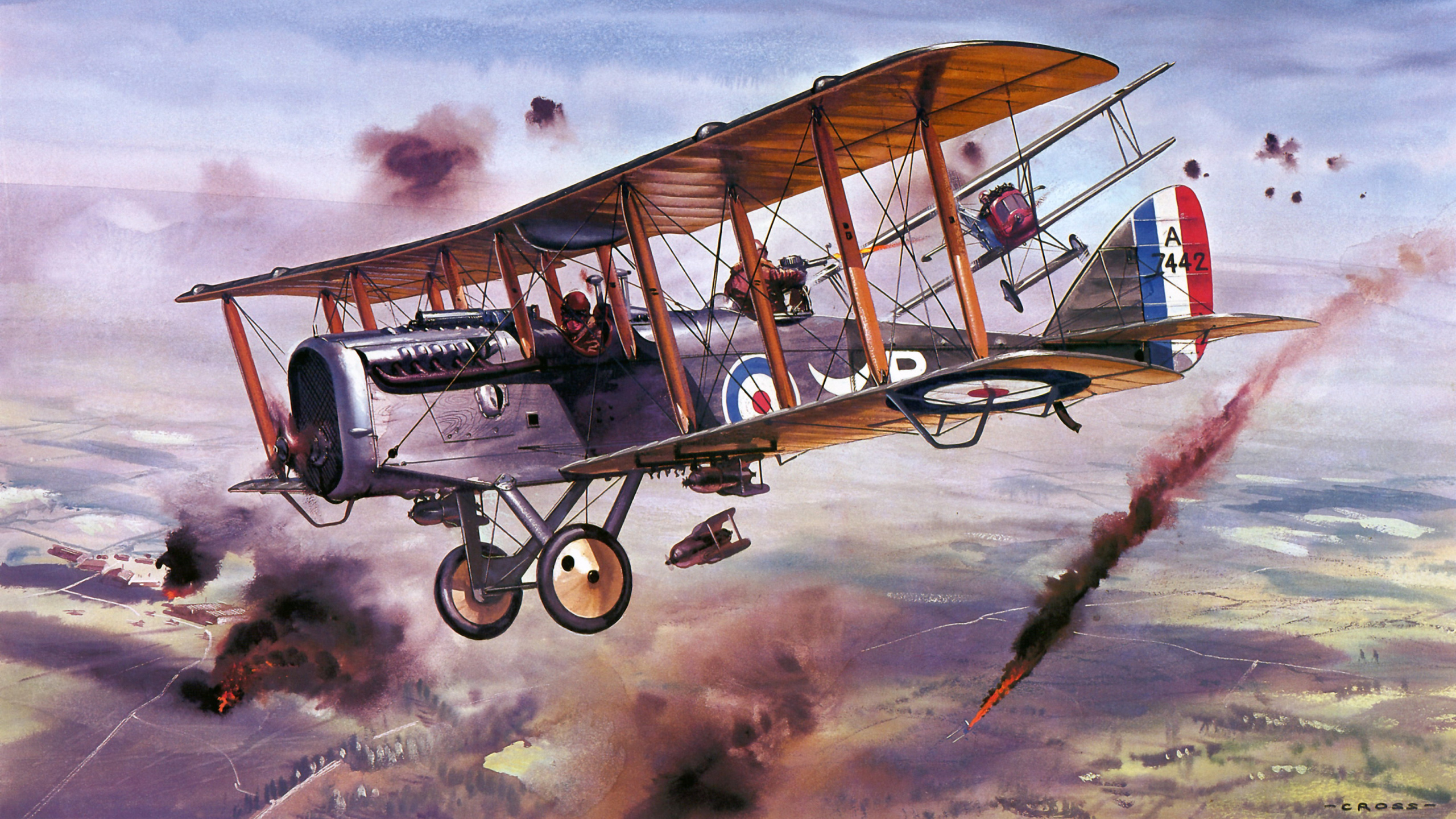 Painting, Airplane, Aircraft, Biplane, Aviation. Wallpaper in 2560x1440 Resolution